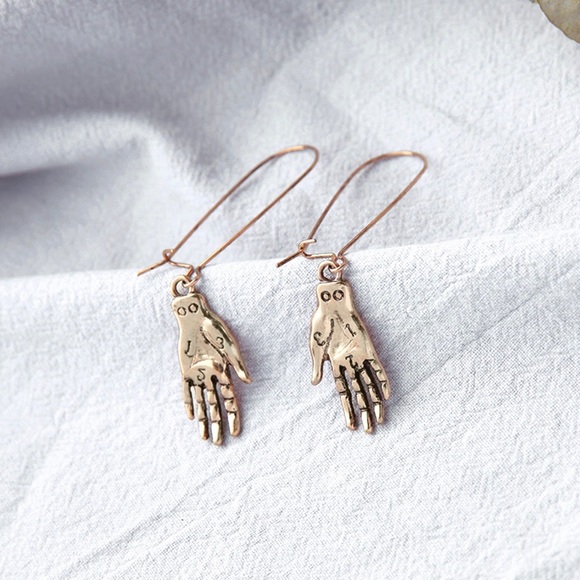 2/$20!  Antiqued Gold Palmistry Hand Earrings - Picture 4 of 7